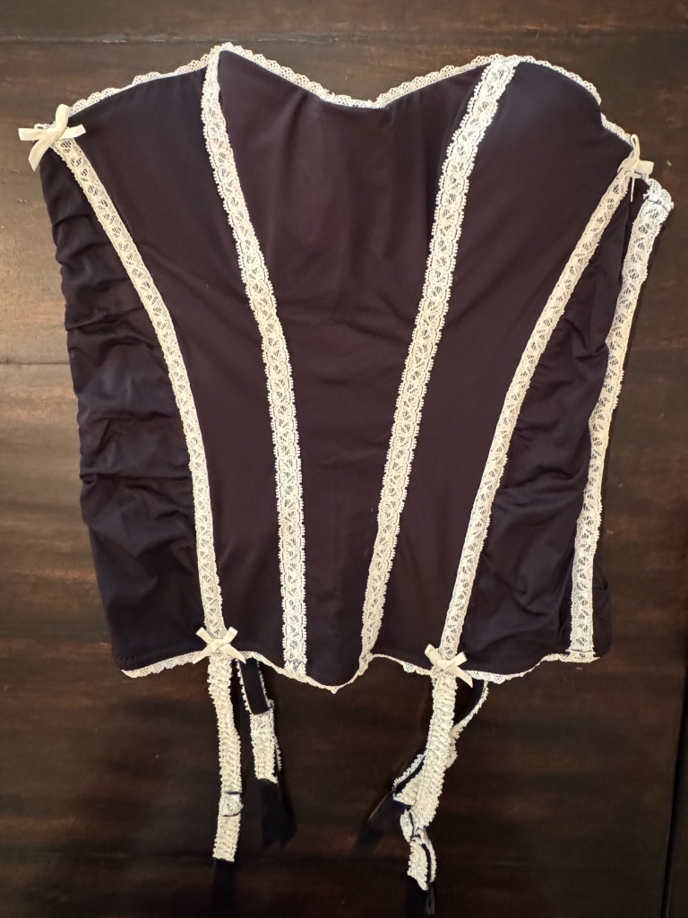 b.tempt'd Wacoal Strapless Bustier Corset Black Ivory Lace Trim Garters S NWOT
